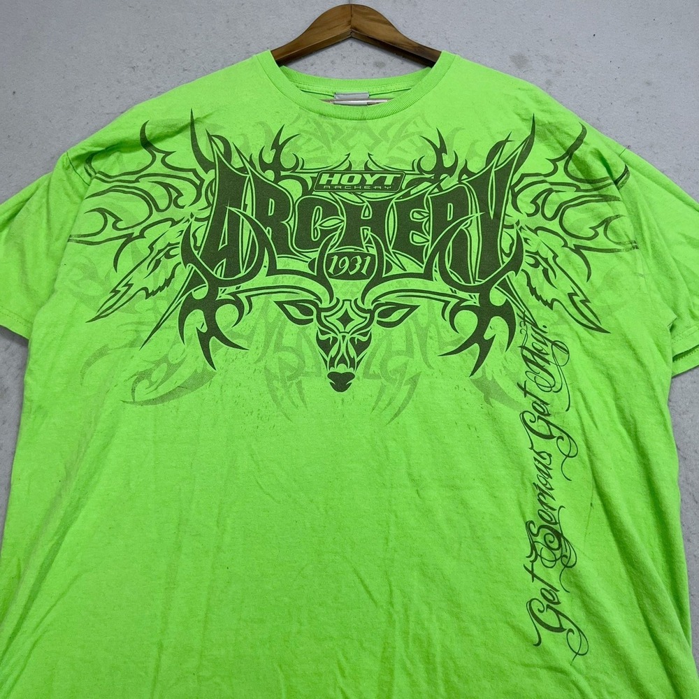 Hoyt Archery Graphic T-Shirt Vintage Y2K Neon Green Tribal Deer Cyber Mens 2XL